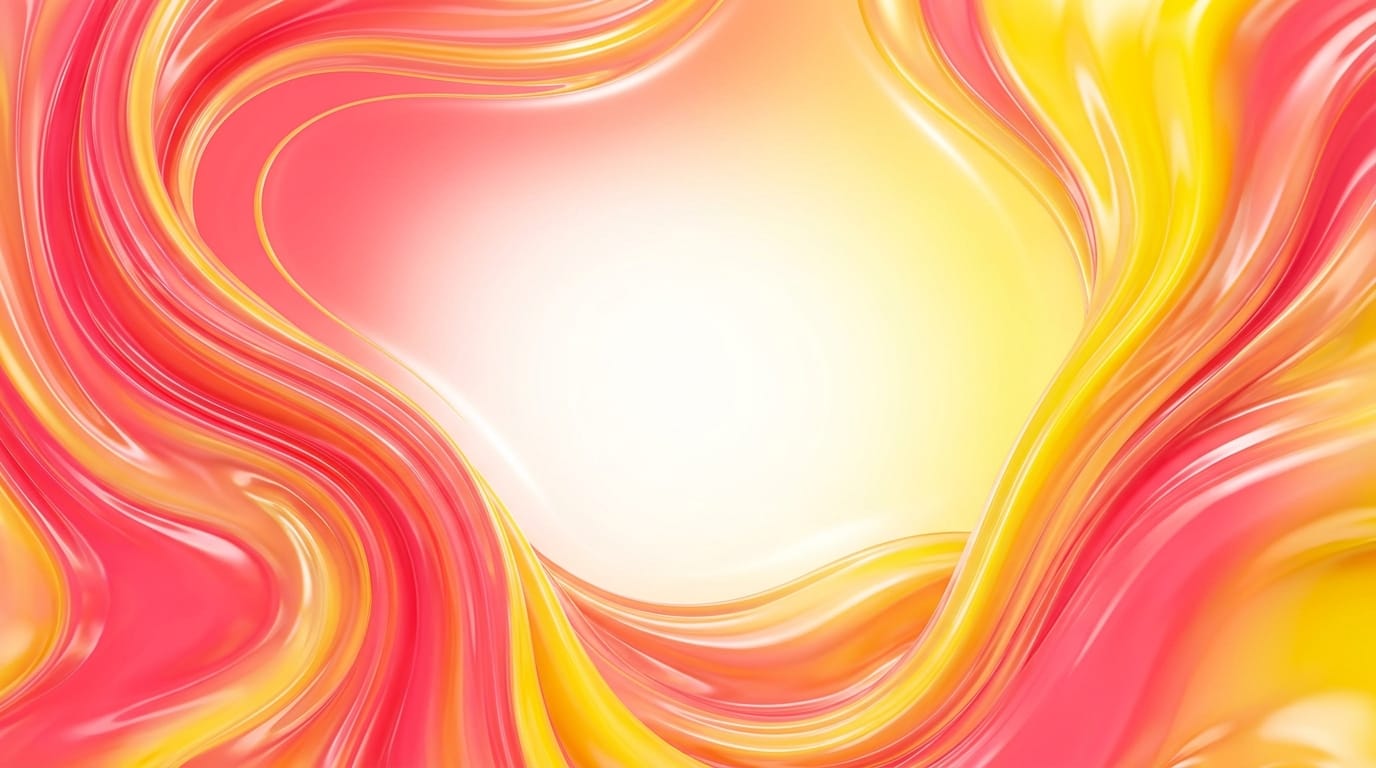 A vibrant and energetic abstract background for a summer sale advertisement. Flowing liquid gradients in bright coral pink and bright yellow. Smooth glossy textures with dynamic curves and plenty of empty space in the center for promotional typography.