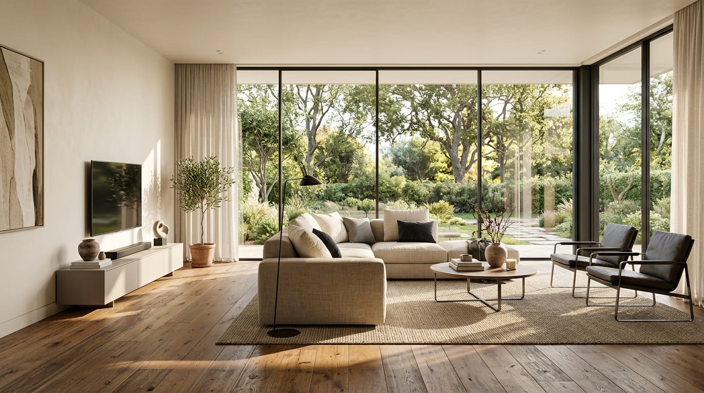 Transform this rough sketch into a fully rendered, hyper-realistic architectural visualization of a modern minimalist living room. Floor-to-ceiling windows, natural warm sunlight streaming in, realistic wood floor textures, high-end contemporary furniture, photorealistic, architectural photography.
