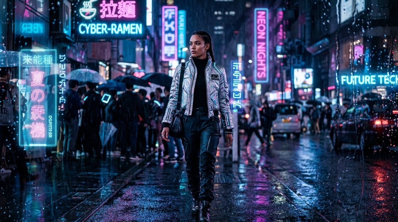 A dynamic fashion photography shot of a female model wearing a futuristic silver jacket, walking down a neon-lit cyberpunk street at night. Raindrops on the camera lens, cinematic lighting, shallow depth of field, sharp focus on the model's face, ultra-detailed skin texture, 8k resolution.