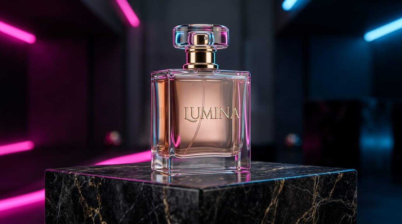 A high-end commercial product shot of a sleek glass perfume bottle resting on a dark marble pedestal. Dramatic studio lighting with soft shadows, neon pink and electric blue rim lights reflecting off the glass. The word 'LUMINA' is elegantly embossed on the bottle. Hyper-realistic, 8k resolution, cinematic composition.