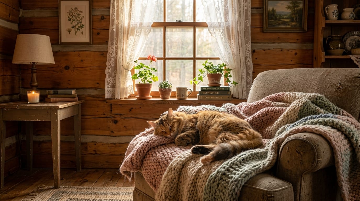 A cozy wooden cabin interior, afternoon sunlight filtering through lace curtains, a fluffy cat sleeping on a knitted blanket, warm pastel colors, soft cinematic lighting, detailed, 4k resolution