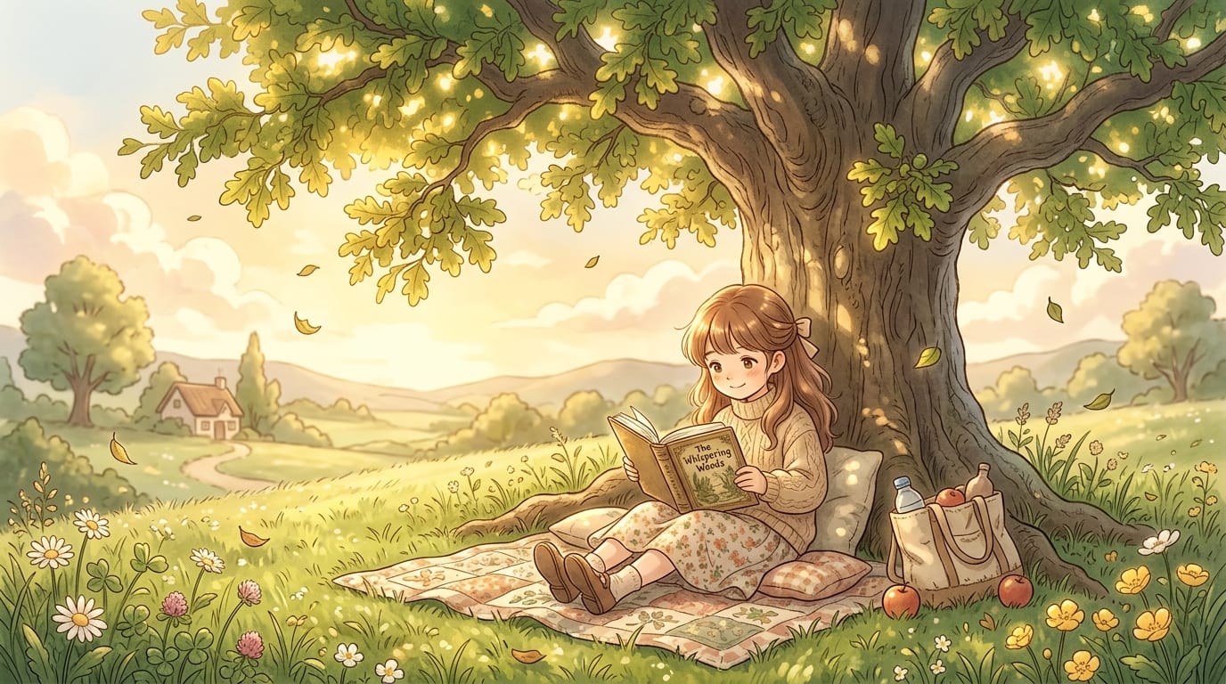 A gentle anime style illustration of a young girl reading a book under a large oak tree, afternoon golden hour, soft diffused sunlight filtering through leaves, warm pastel color palette, peaceful and comforting atmosphere, highly detailed, 4k resolution