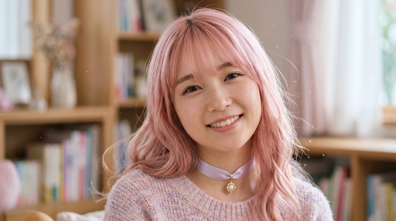 Close-up of a girl with soft pink hair wearing a silk ribbon choker, pastel pink and lavender color palette, soft diffused natural lighting, sparkling dust in the air, smiling gently, smooth motion, highly detailed.