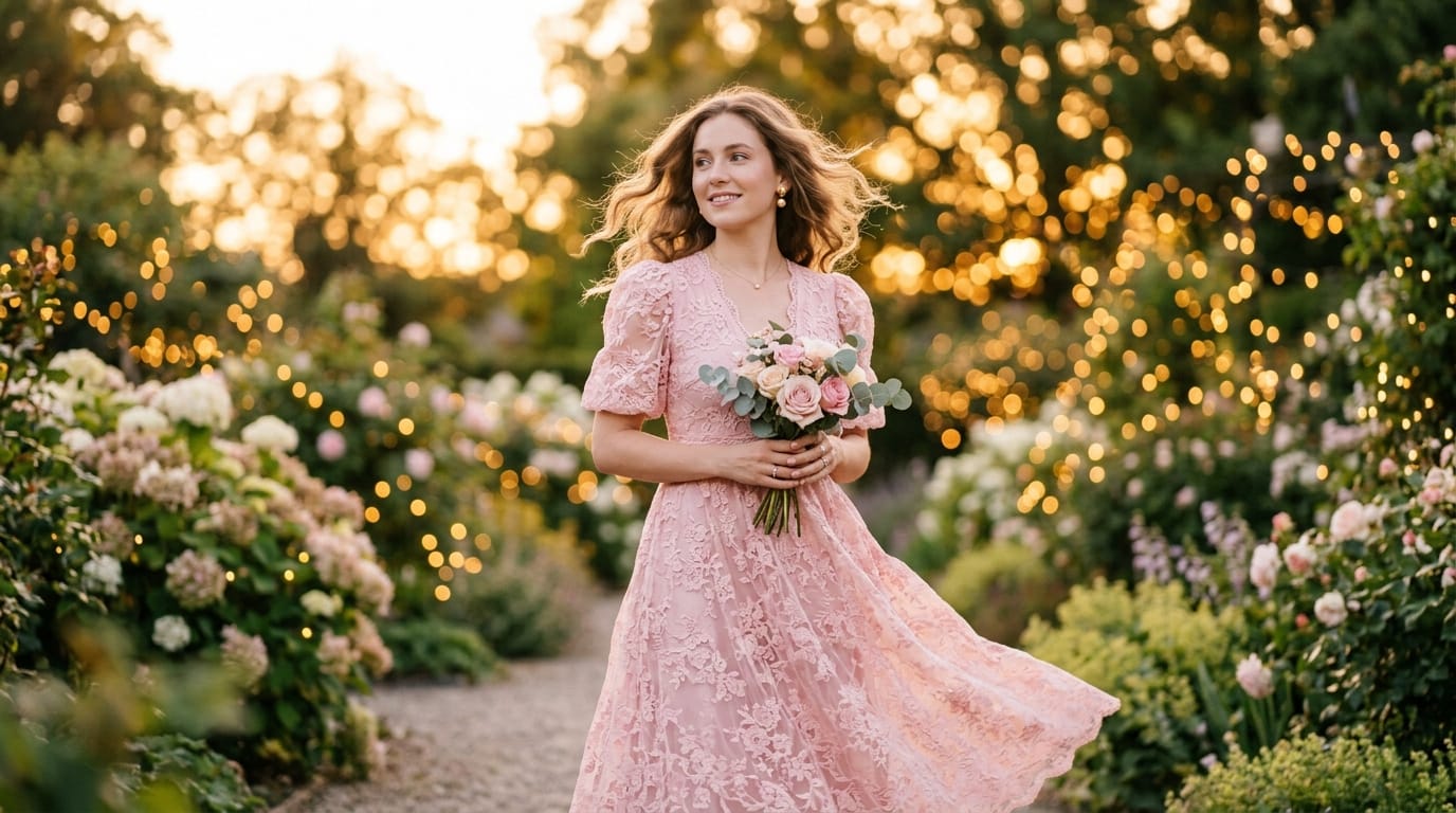 A young woman in a delicate pink lace dress, soft pastel lighting, gentle breeze blowing her hair, sparkling bokeh background, dreamy and romantic atmosphere, cinematic 1080p, highly detailed.