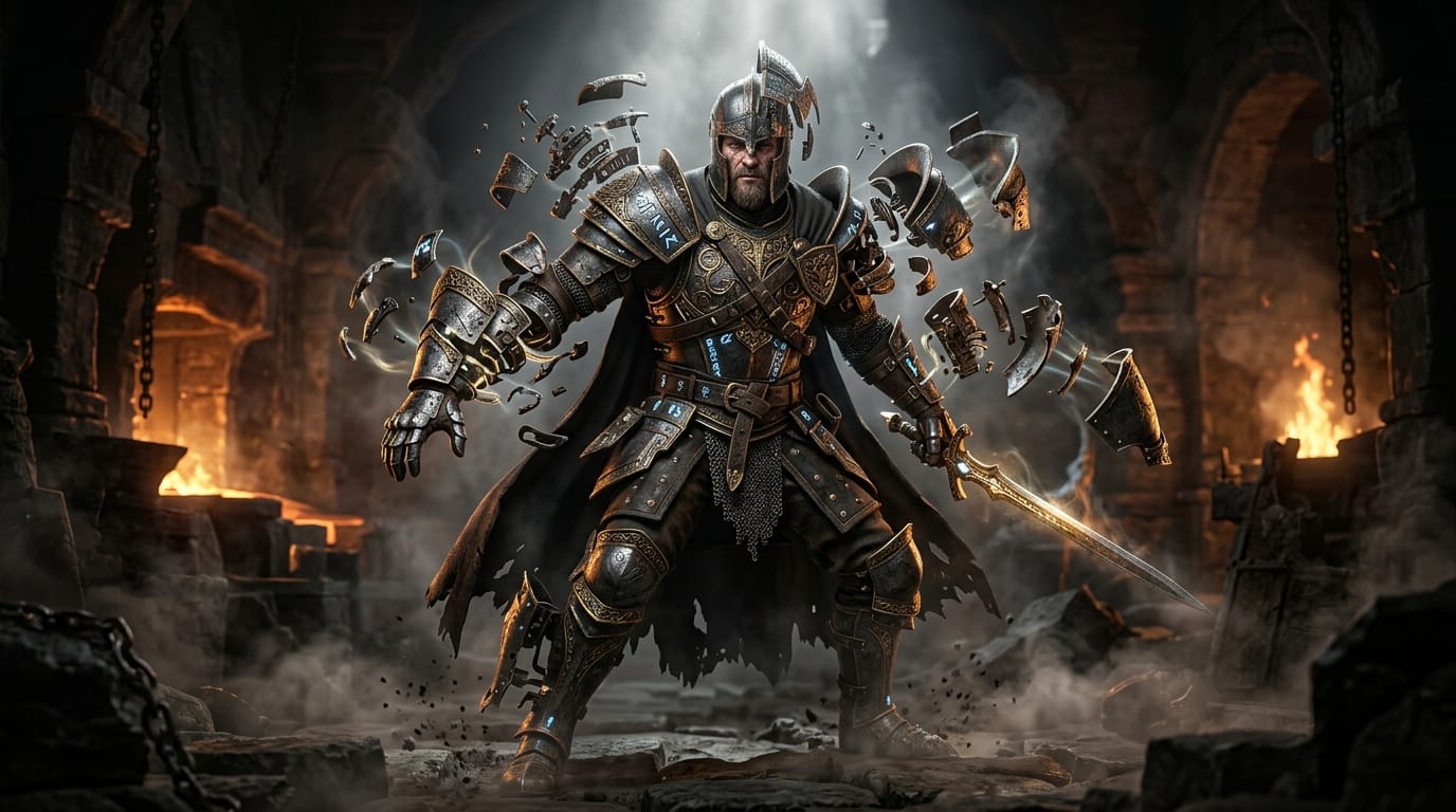 A highly detailed CG render of a fantasy character, extreme lighting contrast, intricate armor deconstruction, realistic metallic textures, sharp focus, volumetric fog, professional post-processing output.