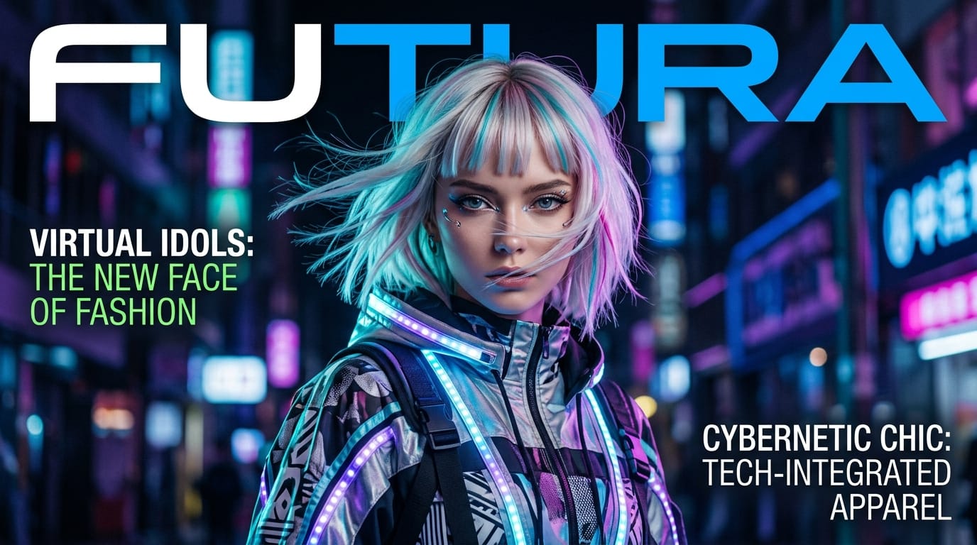 A high-end fashion magazine cover featuring a virtual idol, hyper-realistic, 8k resolution, cinematic rim lighting, complex multi-layered futuristic streetwear, neon atmospheric glow, sharp facial details, dynamic hair blowing in the wind, professional photography, Hasselblad format.