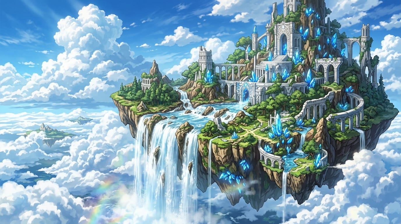 A majestic floating island in the sky, cascading waterfalls pouring into the clouds below, ancient white marble ruins intertwined with glowing blue crystals, vibrant blue sky with fluffy cumulus clouds, epic high fantasy setting, breathtaking scale, detailed anime background illustration, bright and airy atmosphere
