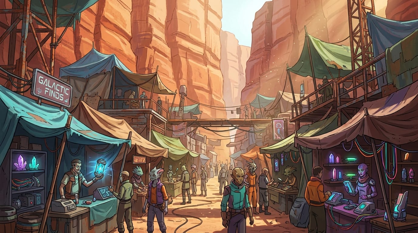 A bustling sci-fi marketplace in a desert canyon, canvas tents attached to rusted metallic structures, merchants selling glowing technological artifacts, harsh midday desert sunlight, deep orange and red sandstone cliffs, swirling dust in the air, vivid colors, highly detailed anime sci-fi environment