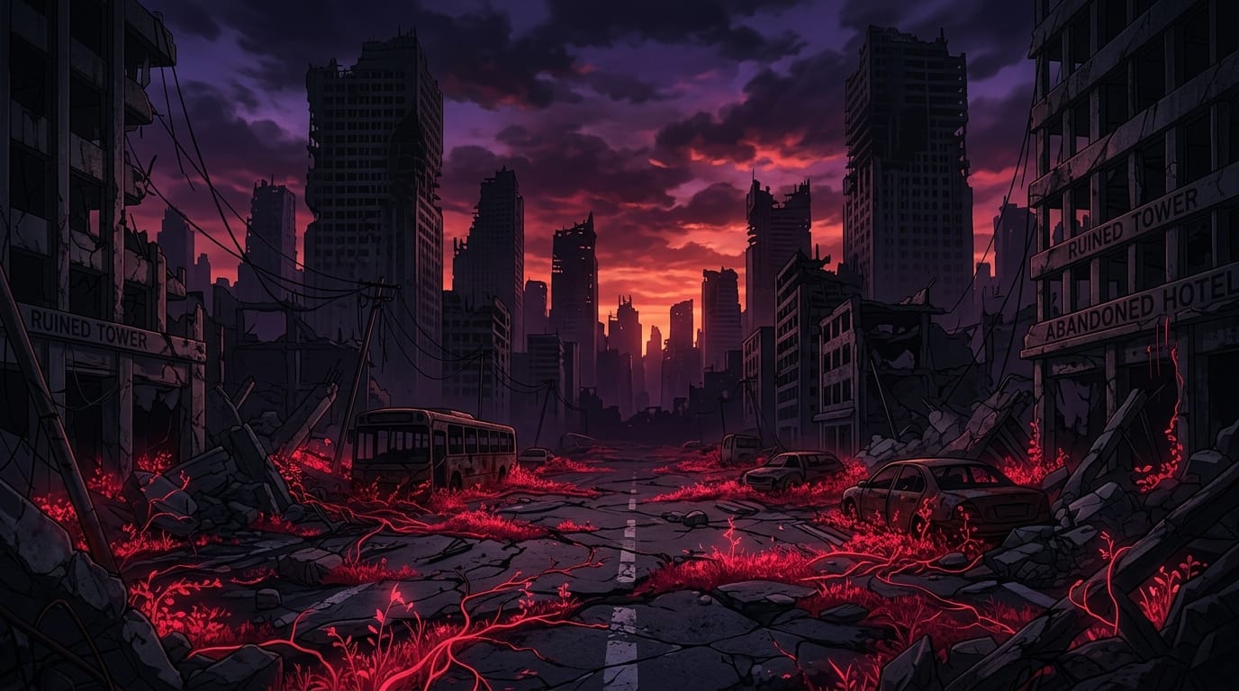 A desolate post-apocalyptic city street at twilight, ruined skyscrapers silhouetted against a dark purple and crimson sky, shattered asphalt overgrown with bioluminescent red weeds, eerie and abandoned atmosphere, heavy shadows, cinematic lighting, detailed dark anime background concept