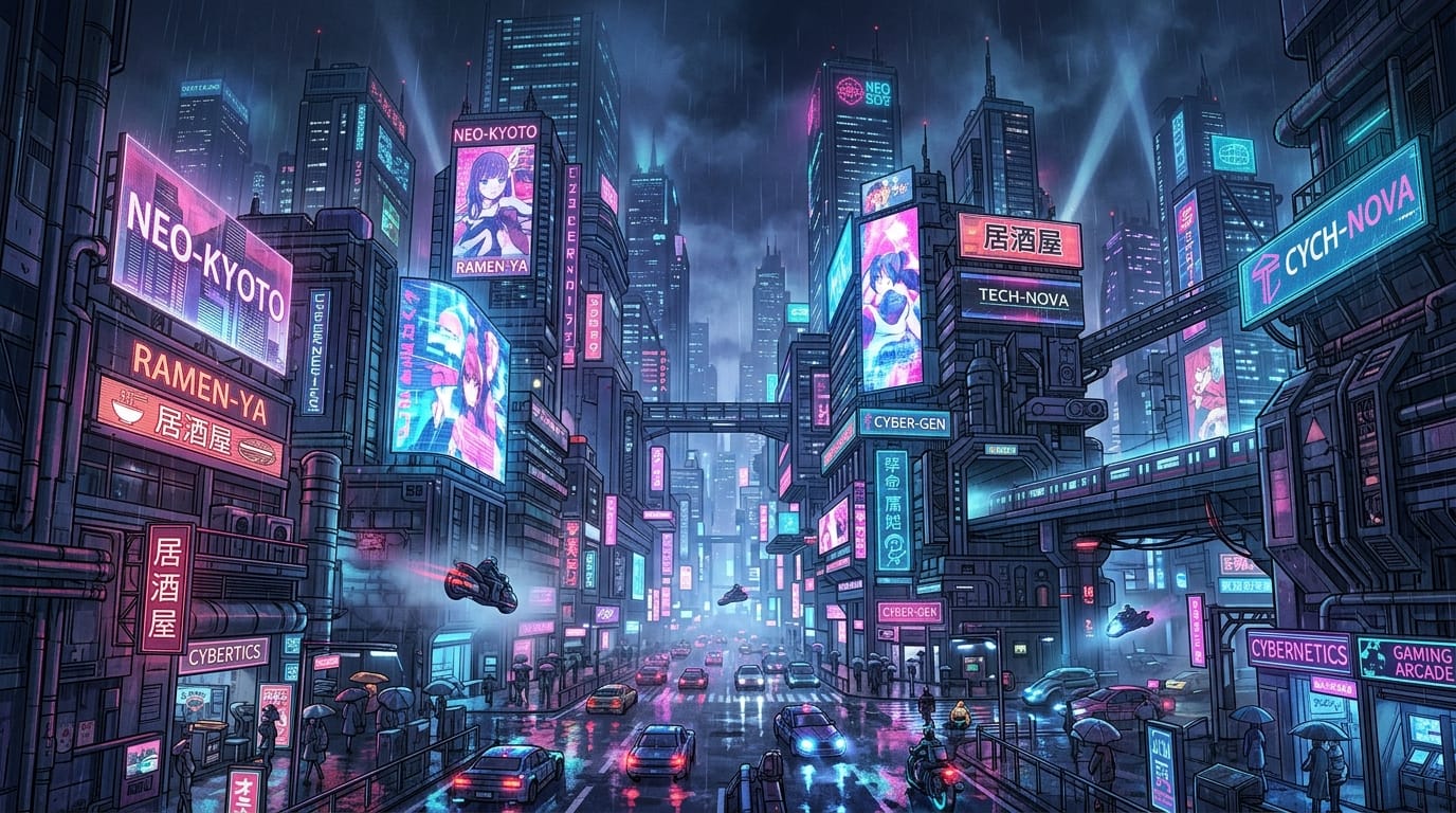 A sprawling futuristic cyberpunk city at night, towering neon-lit skyscrapers reflecting in rain-puddled streets, dense atmospheric fog, glowing holographic billboards, intricate mechanical details, cinematic lighting, wide angle establishing shot, high contrast, vibrant cyberpunk color palette, detailed anime background art