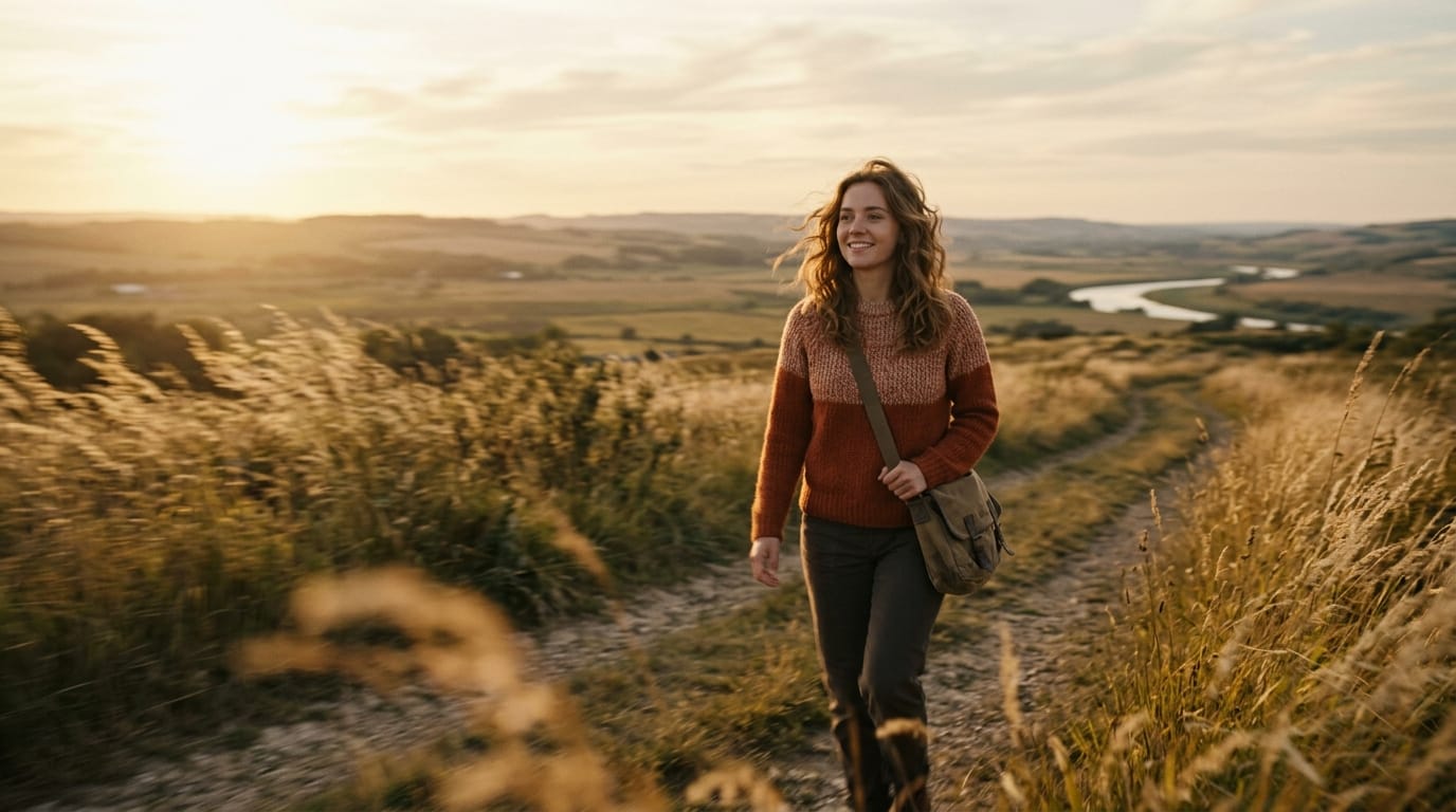Make the camera slowly pan to the right, keeping the main character in focus. The wind gently blows the character's hair and the tall grass in the foreground. Soft golden hour lighting, realistic motion blur.