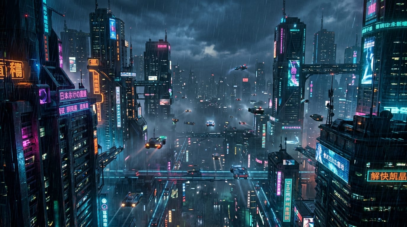 A cinematic wide shot of a dystopian cyberpunk city at dusk, raining heavily. The camera slowly pushes in through neon-lit skyscrapers, revealing flying vehicles navigating the dense fog. Cinematic lighting, highly detailed, anamorphic lens flare, 8k resolution.