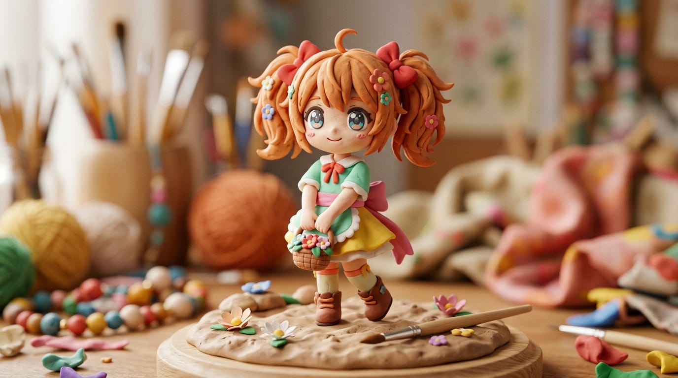 A cute anime girl made of plasticine, tactile clay texture, soft studio lighting, macro photography, shallow depth of field, vibrant matte colors, 3D render, stop-motion style