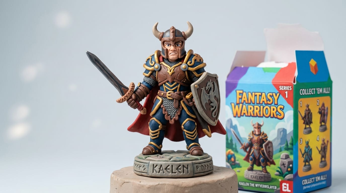 A blind box toy design of a fantasy warrior, plasticine style, claymation, soft matte texture, highly detailed, miniature photography, studio lighting, clean background