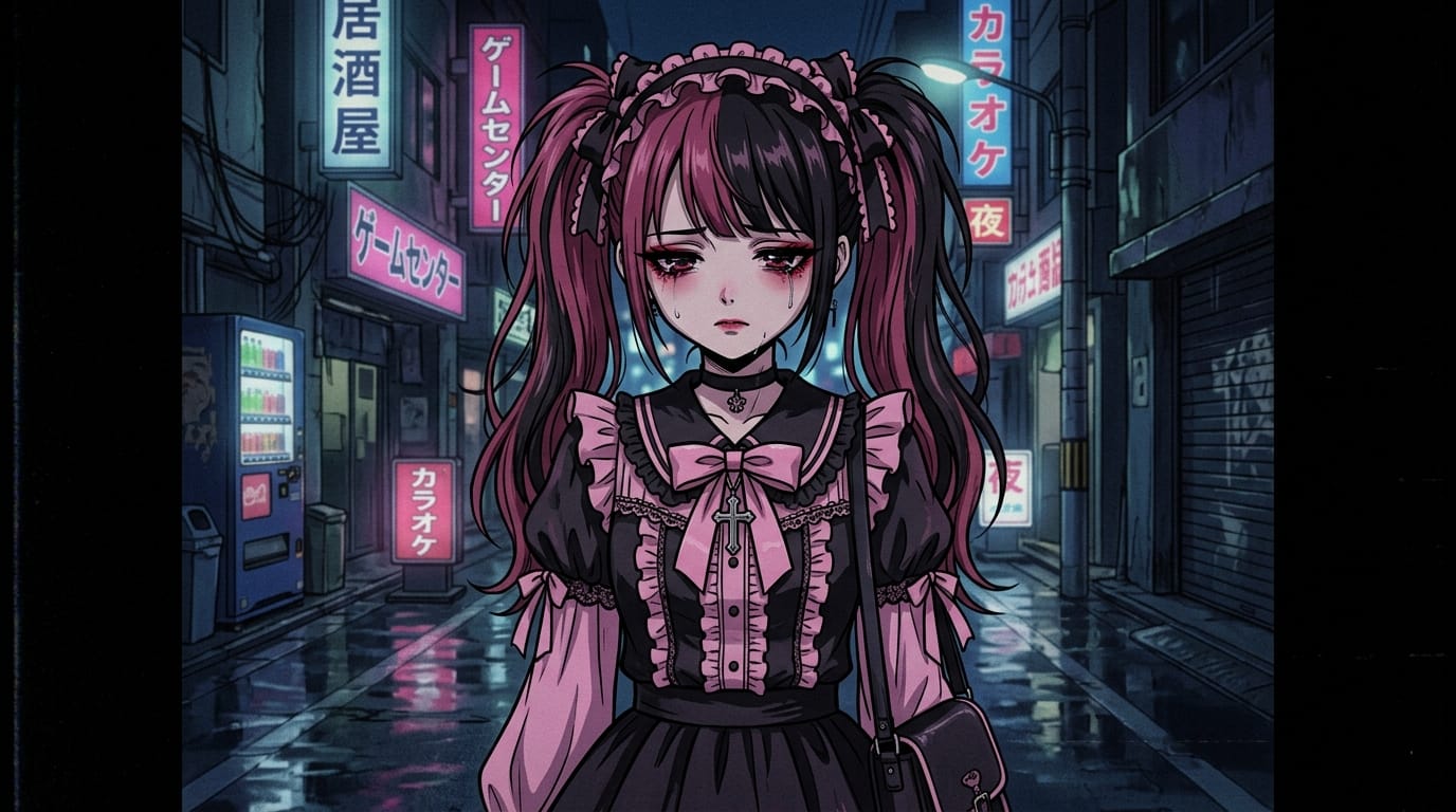 1990s anime style, a girl in Jirai Kei fashion, black and pink frilled blouse, twin tails, red eye makeup, melancholic expression, retro anime screenshot, cel-shaded, scanlines, dim urban night background