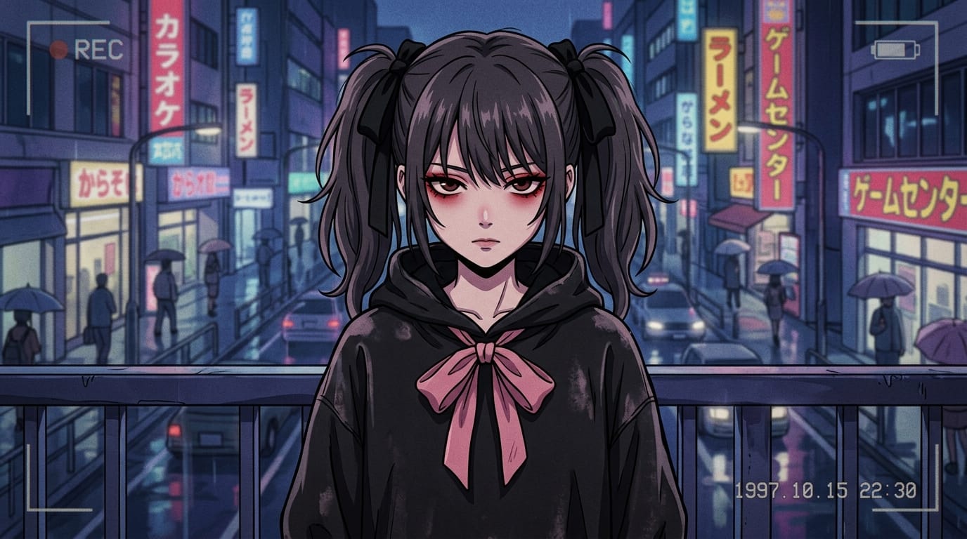 1girl, Jirai Kei fashion, oversized black hoodie, pink ribbon tie, twin tails, red under eye makeup, 1990s anime style, retro anime screenshot, cel-shaded, film grain, looking at viewer