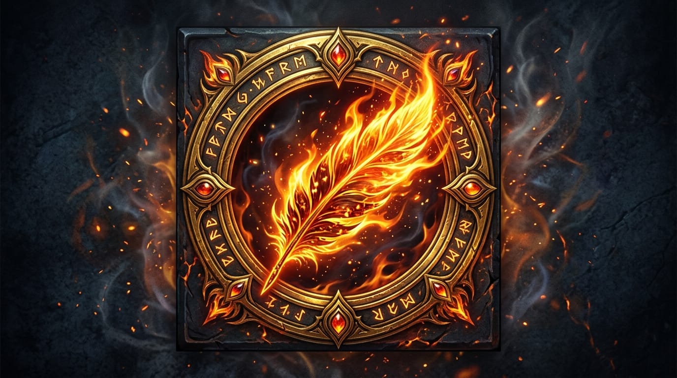 A powerful fire magic skill icon for an RPG game, a blazing phoenix feather enclosed in a circular golden frame, dark background, intense fiery glow, highly detailed, fantasy game asset
