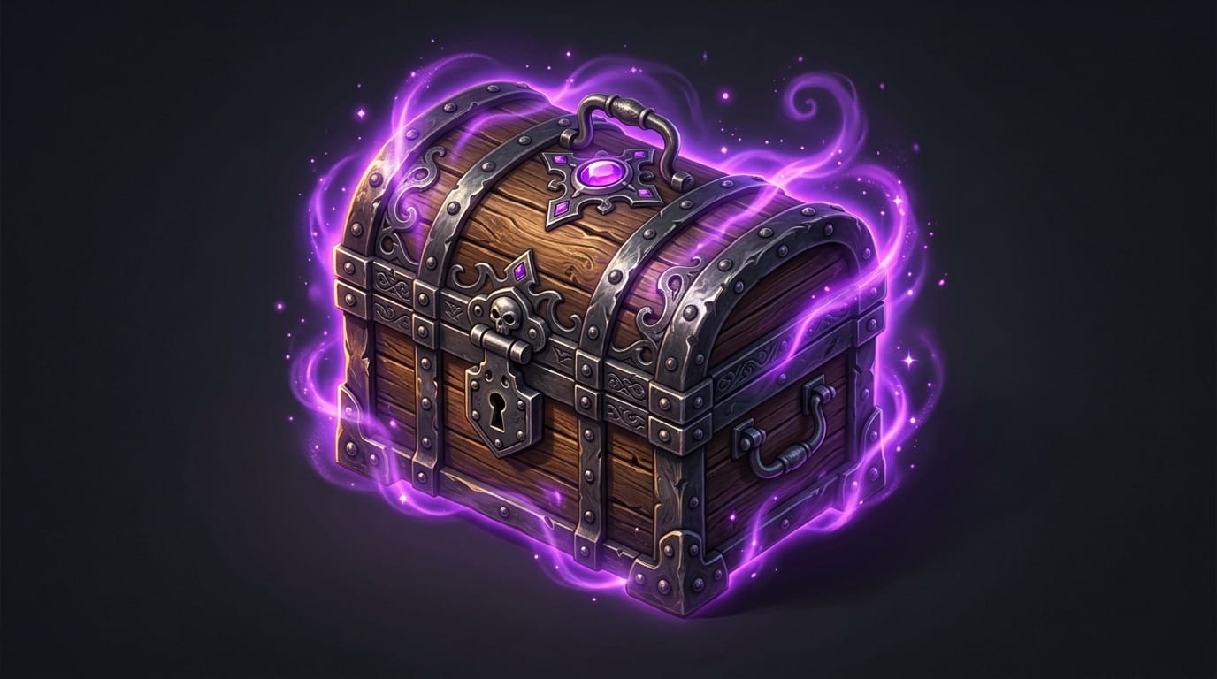 A closed wooden treasure chest game icon, glowing purple magical aura, dark iron bindings, isolated on a solid dark background, isometric view, high fantasy RPG style, sharp details