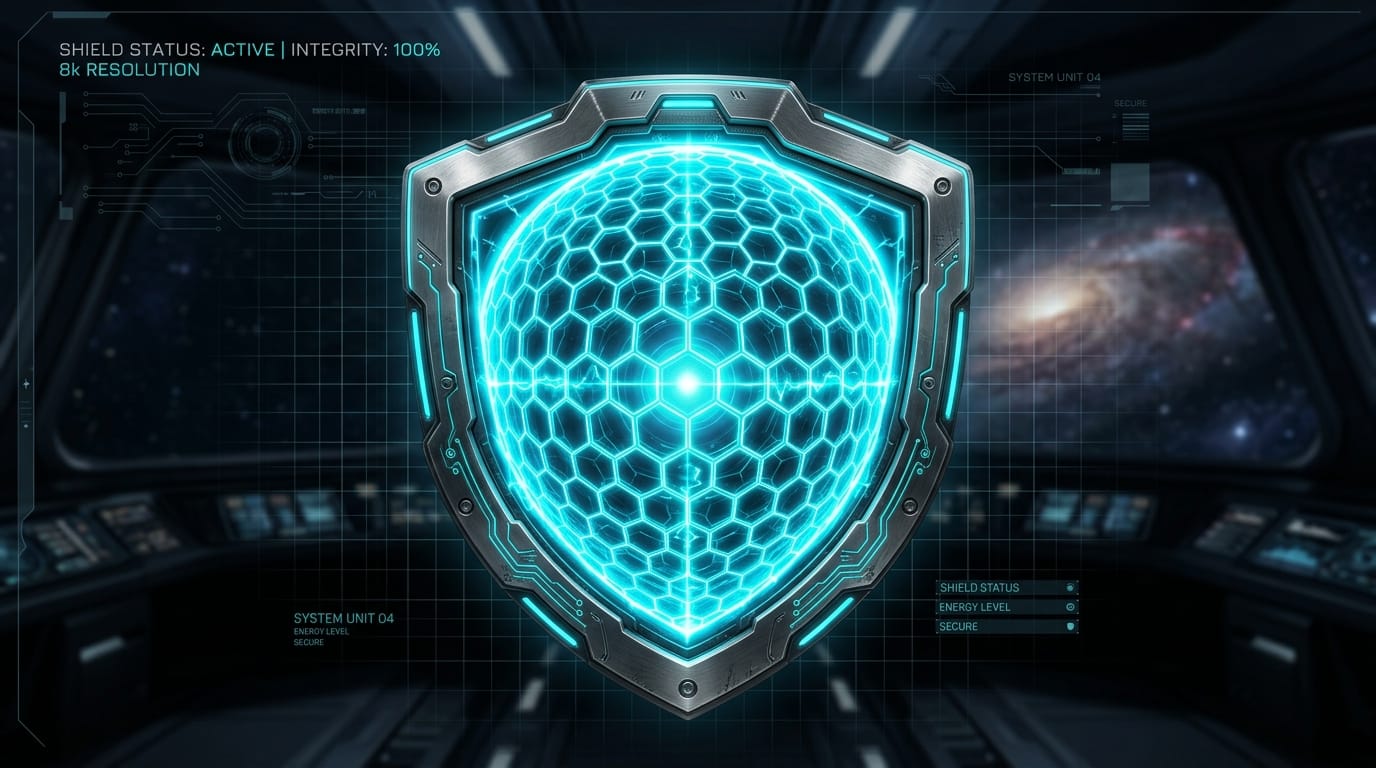 A sci-fi energy shield icon, glowing hexagonal grid pattern, sleek titanium border, neon cyan lighting, futuristic UI element, crisp edges, highly detailed digital art