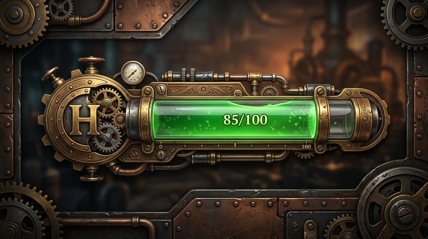 A stylized steampunk health bar UI element, brass pipes, glowing green liquid in a glass tube, intricate gears, vintage metallic textures, high quality game asset, industrial aesthetic
