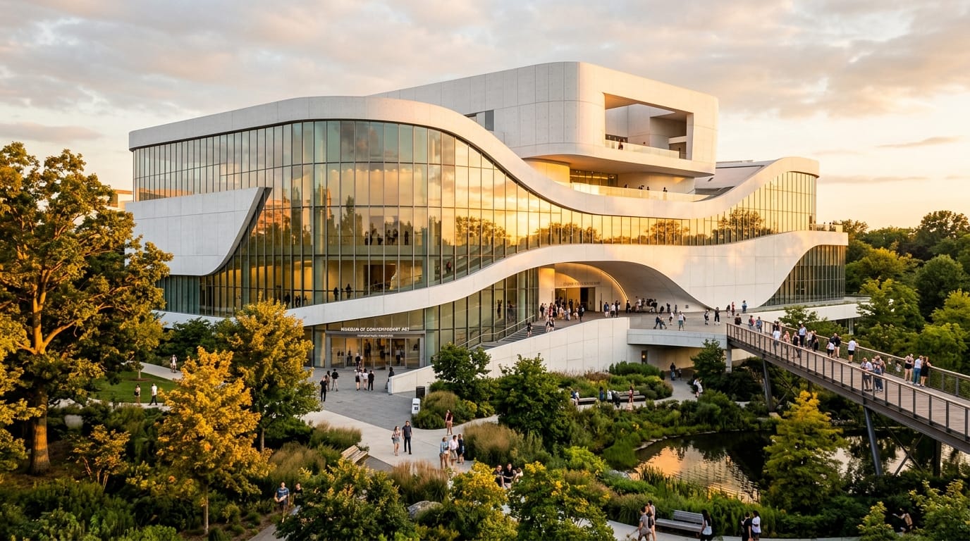 Transform this basic architectural massing model into a photorealistic modern museum building. The exterior should feature white concrete panels and large sweeping curved glass facades. The surrounding environment is a lush urban park during golden hour, with warm sunlight reflecting off the glass. High architectural realism, detailed textures, cinematic lighting, professional rendering.