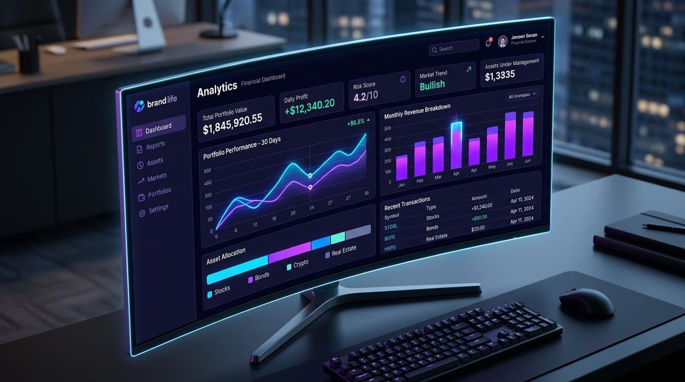 A high-fidelity dashboard user interface for a financial analytics web application displayed on a curved monitor. The interface features dark mode styling with glowing neon blue and purple data charts, clear numerical widgets, and a sidebar navigation menu. The word Analytics is clearly visible at the top left. Clean isometric perspective, modern SaaS product design, sharp details.