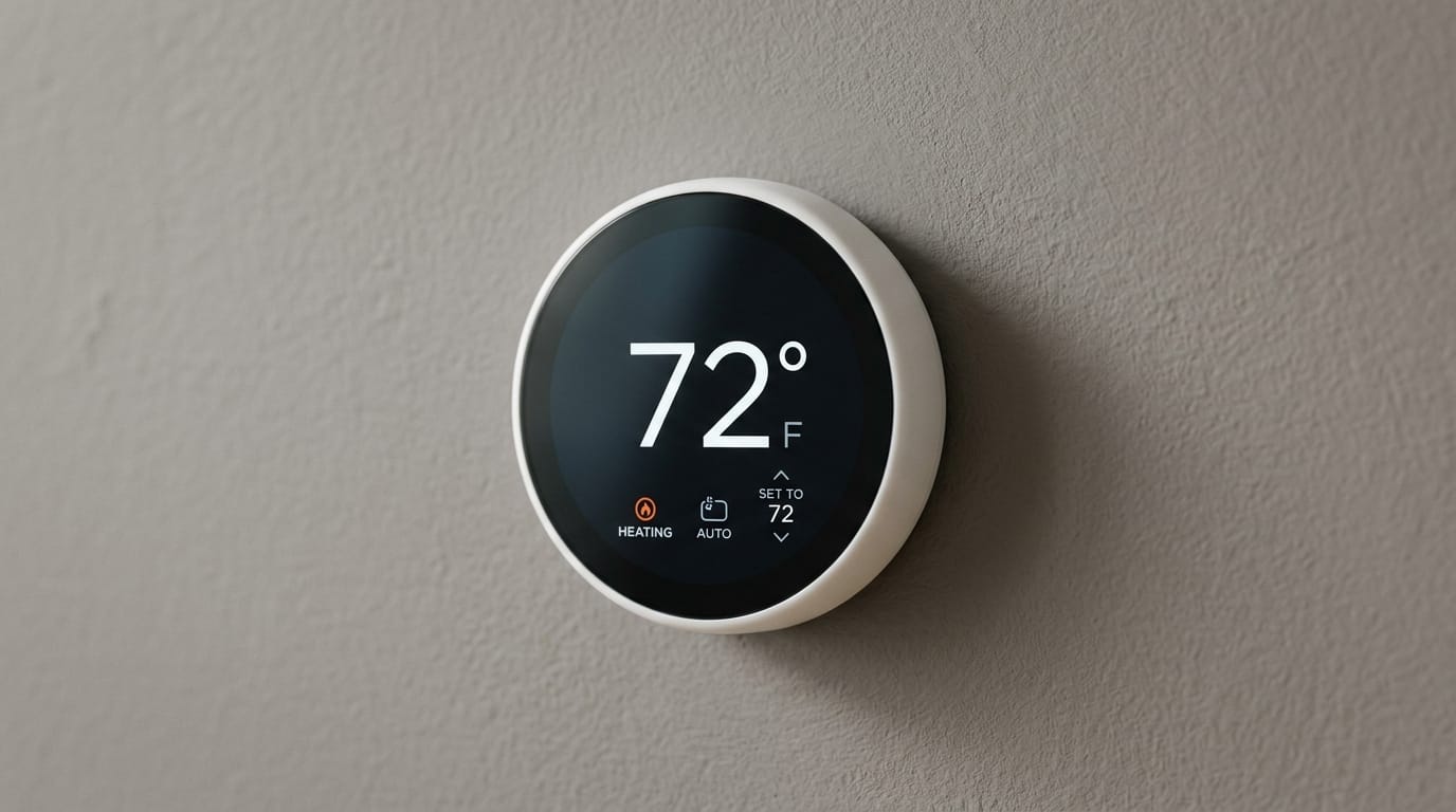 Render this concept sketch of a smart home thermostat as a physical prototype. The device should have a smooth matte white polycarbonate body with a seamless edge-to-edge OLED circular display showing a temperature of 72 degrees. It is mounted on a textured gray painted wall with soft directional lighting creating a gentle drop shadow. Photorealistic industrial design visualization.