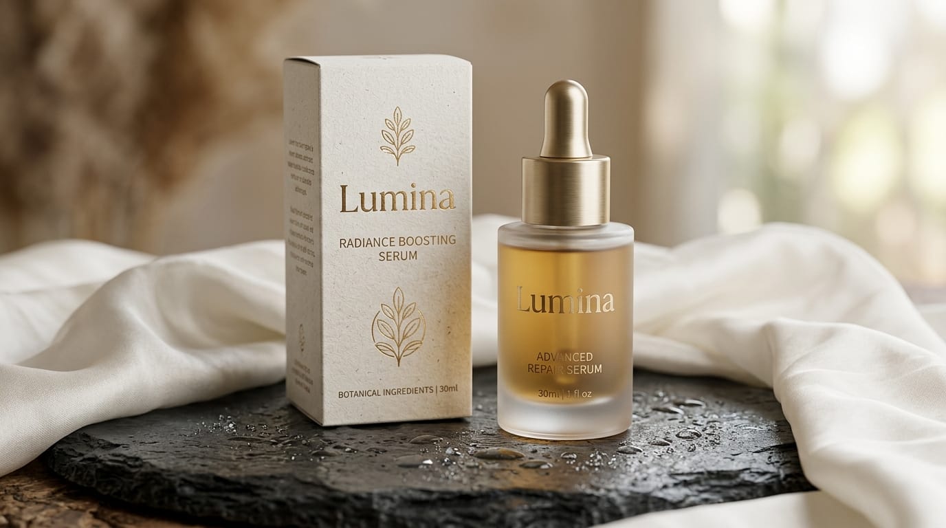 A premium cosmetic packaging mockup featuring a frosted glass serum bottle and a textured cardboard box. The label on the bottle clearly reads Lumina in an elegant gold serif font. The items are arranged on a piece of natural slate stone surrounded by delicate water droplets and soft white silk fabric. Professional studio lighting with softbox reflections, commercial product photography, highly detailed.