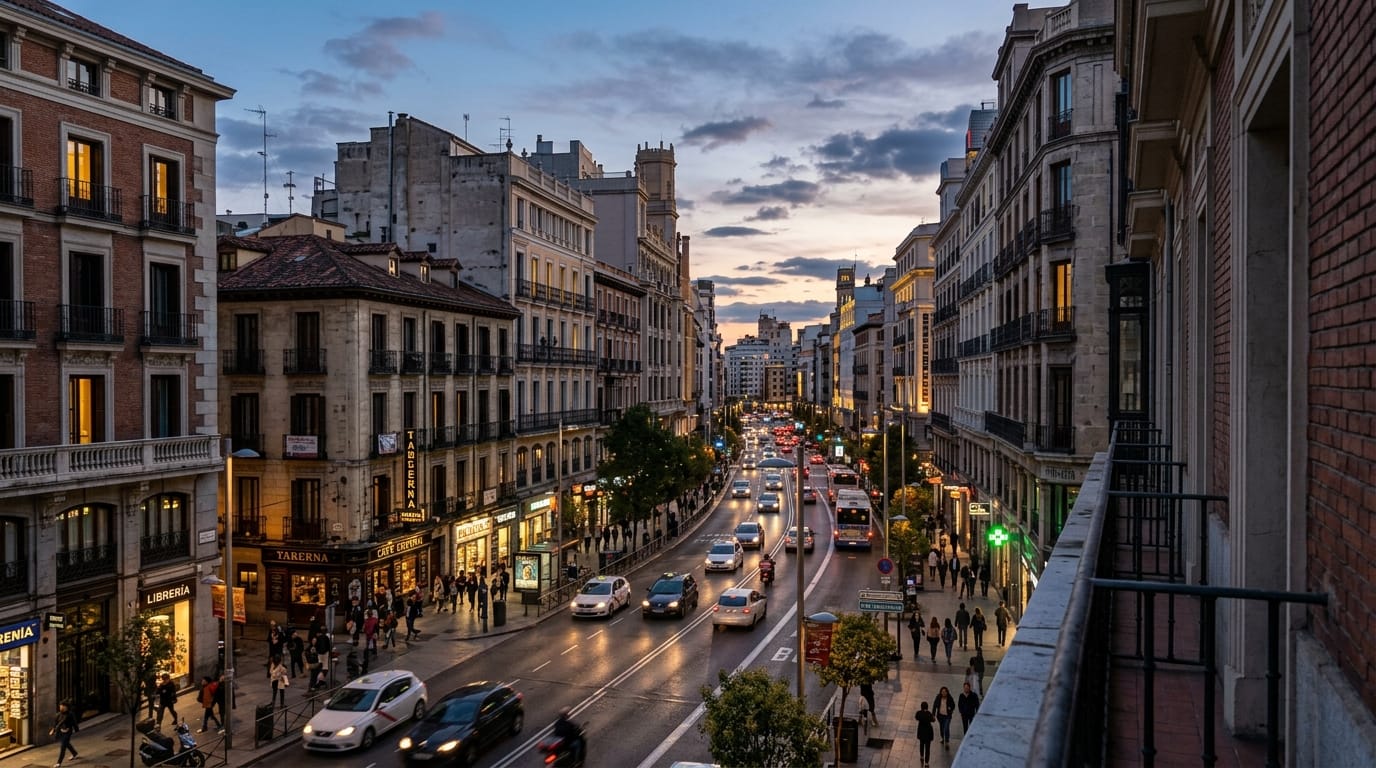 High definition 1080p realistic environment, subtle ambient lighting, static camera shot of an urban landscape at dusk, true-to-life textures, 35mm lens