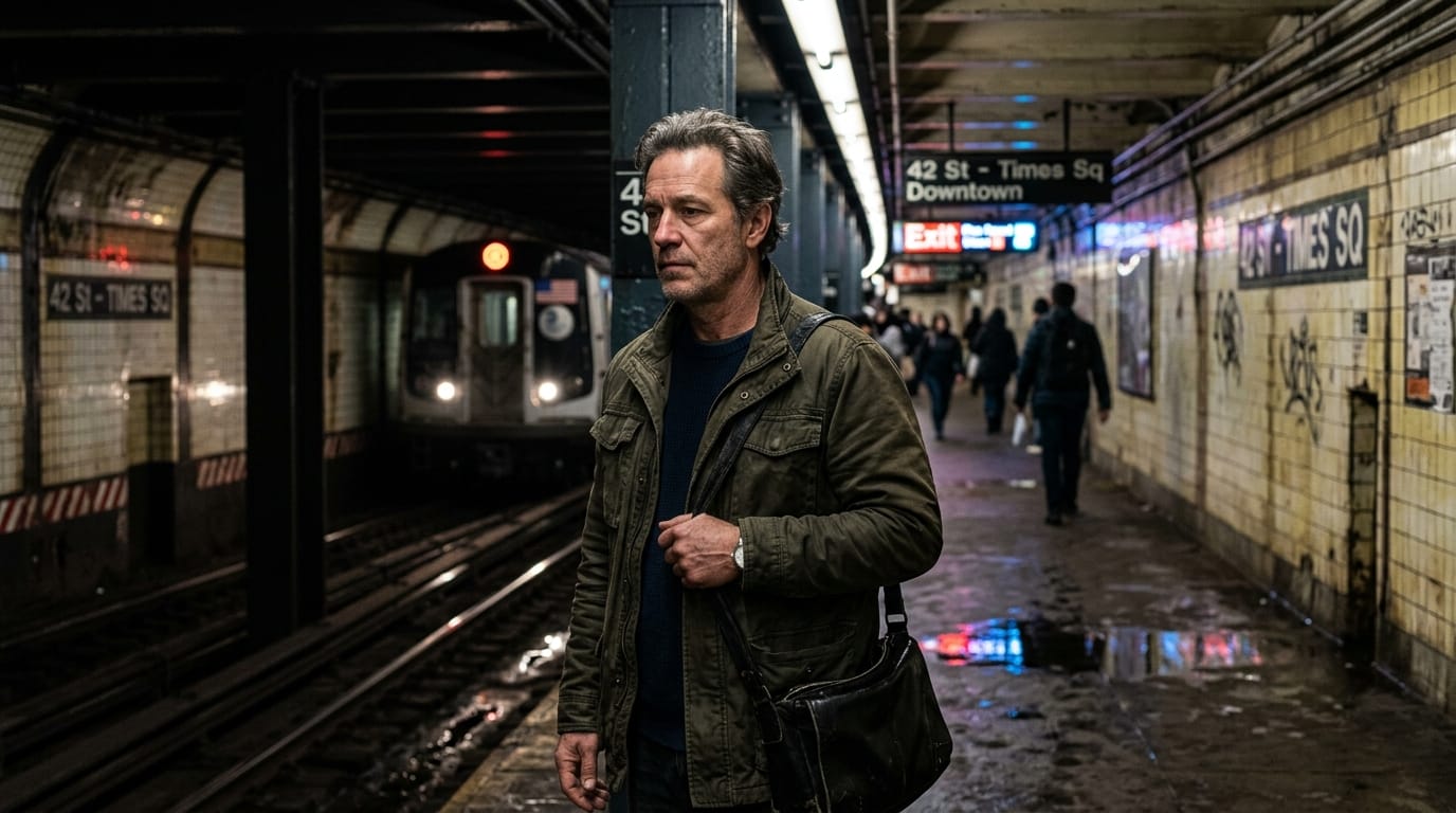 Cinematic 1080p still, a realistic middle-aged man standing in a dimly lit subway station, natural skin texture, soft neon lighting reflecting on wet concrete, photorealistic