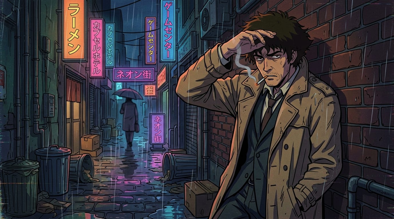1990s anime style, retro artstyle, medium shot of a weary detective smoking a cigarette in a neon-lit alleyway, rain falling, cel-shaded, flat colors, distinct ink outlines, VHS aesthetic, heavy film grain, muted cyberpunk palette, nostalgic and cinematic atmosphere