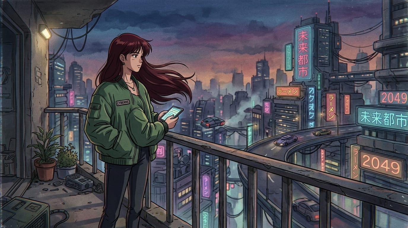 1990s anime style, retro artstyle, a young woman with flowing hair standing on a balcony overlooking a cyberpunk city at dusk, cel-shaded, muted colors, VHS aesthetic, film grain, hand-painted watercolor background, nostalgic atmosphere