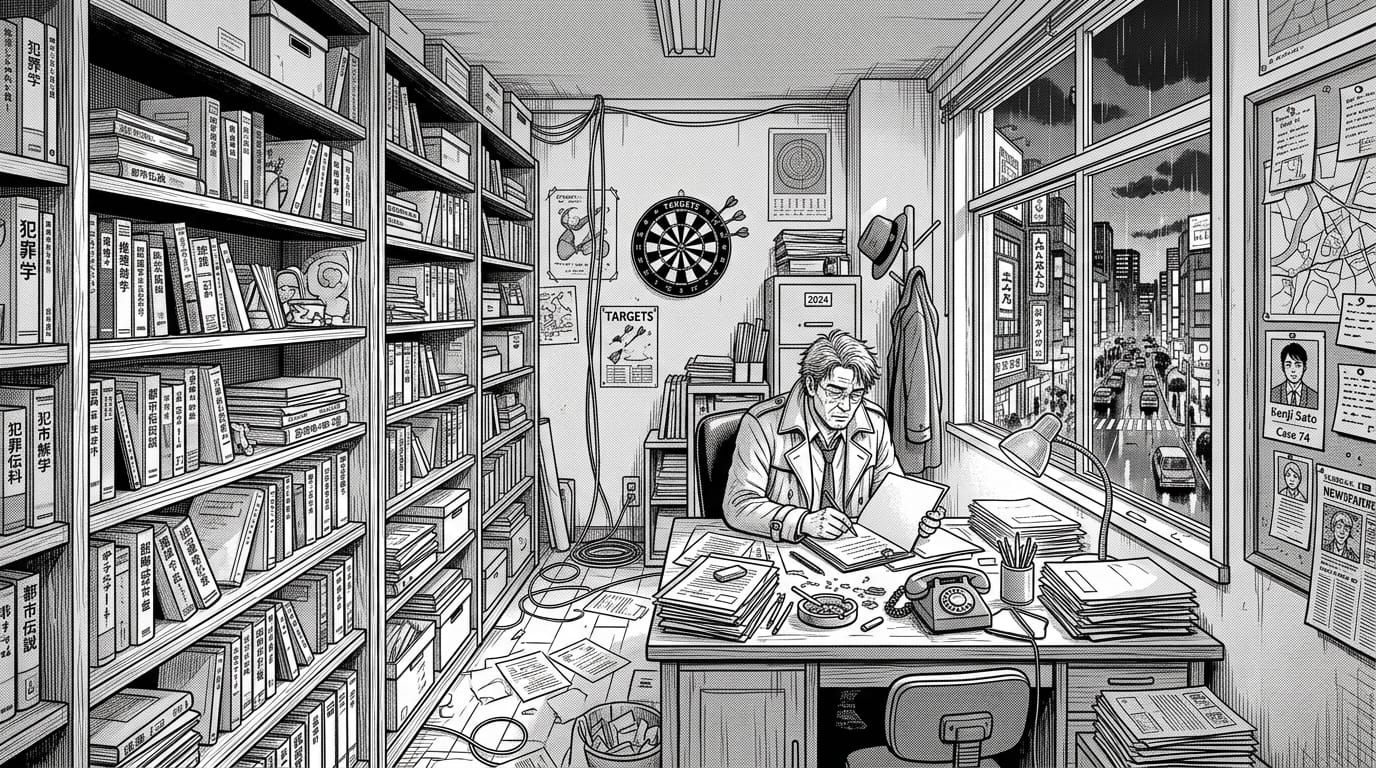 Black and white manga background line art, a cluttered detective office with bookshelves and a desk by the window, highly detailed, monochrome, screentone shading, precise perspective