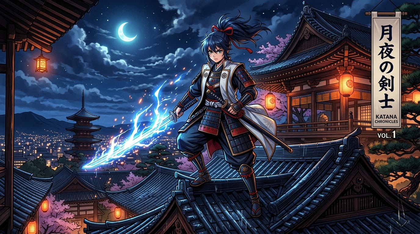 A high-quality manga cover illustration, a young female warrior holding a glowing katana, standing on a traditional Japanese temple roof at midnight, vibrant dramatic lighting, highly detailed cel-shaded anime style, dynamic low angle shot
