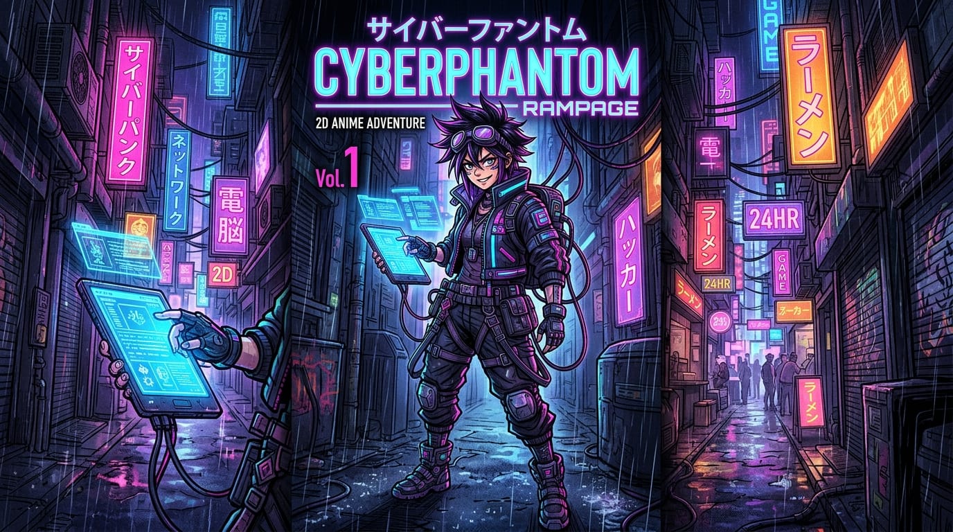 A dramatic manga volume cover featuring a cyberpunk hacker in a neon-lit alleyway, holding a futuristic tablet, dynamic perspective, vibrant contrasting colors, intricate techwear details, 2D anime art style
