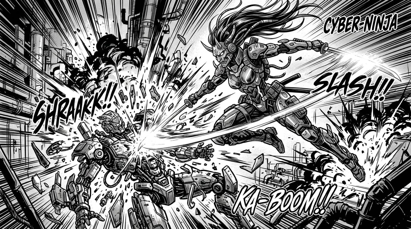A black and white manga panel, dynamic angle, a female cyber-ninja mid-air striking with a glowing katana, complex mecha armor, flowing long hair, speed lines background, high contrast, detailed debris, Japanese manga style, masterpiece.