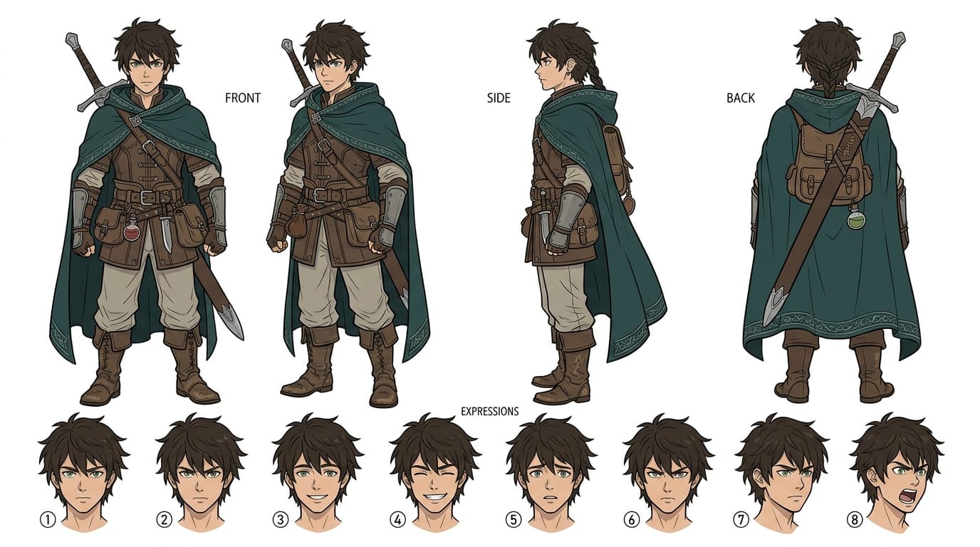 Multiple views, character design sheet, a young male fantasy protagonist, detailed adventurer outfit, front view, side view, back view, various facial expressions, white background, clean line art, anime studio style.