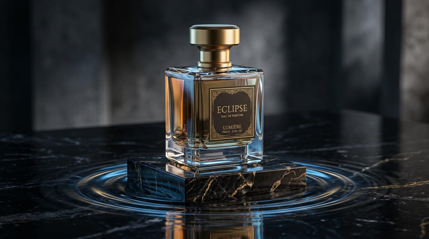 A sleek modern luxury perfume bottle resting on a dark marble podium, surrounded by subtle glowing water ripples, moody studio lighting, highly detailed glass reflections, photorealistic commercial photography.