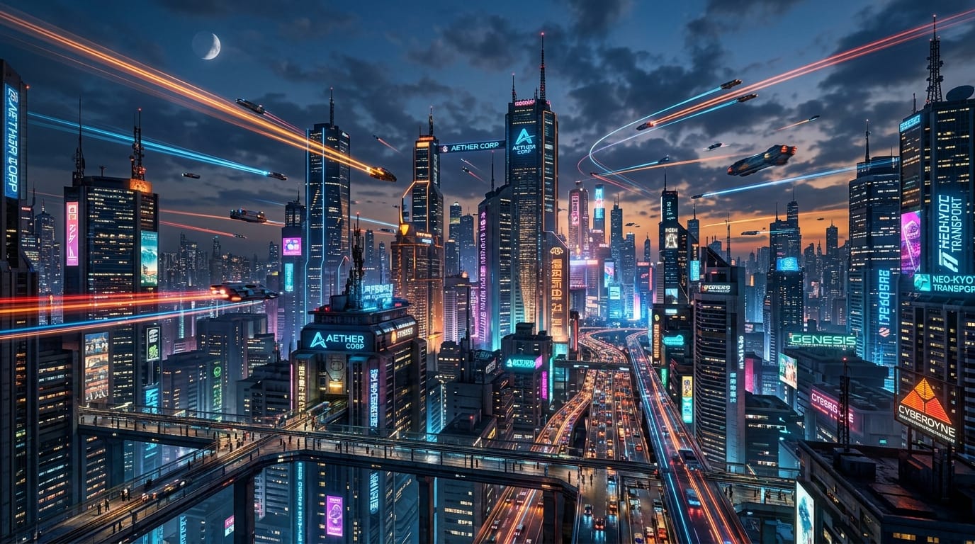 A sprawling sci-fi metropolis at dusk, towering skyscrapers with glowing neon signs, flying vehicles leaving light trails, highly detailed, 4K resolution, cinematic composition.
