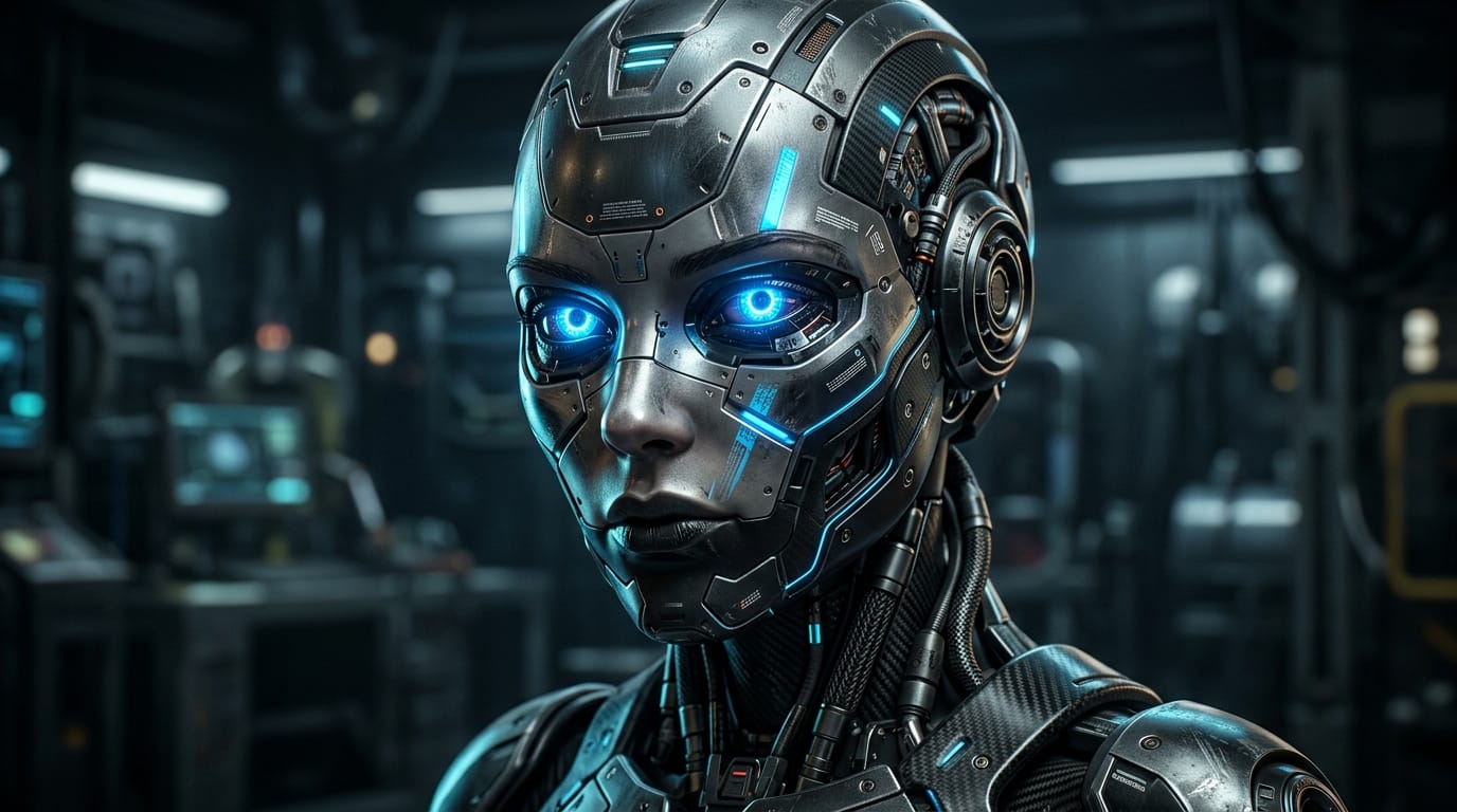 A close-up portrait of a futuristic cyborg, intricate metallic details, glowing neon blue eyes, sharp focus, 4K high resolution, cinematic lighting, photorealistic textures.