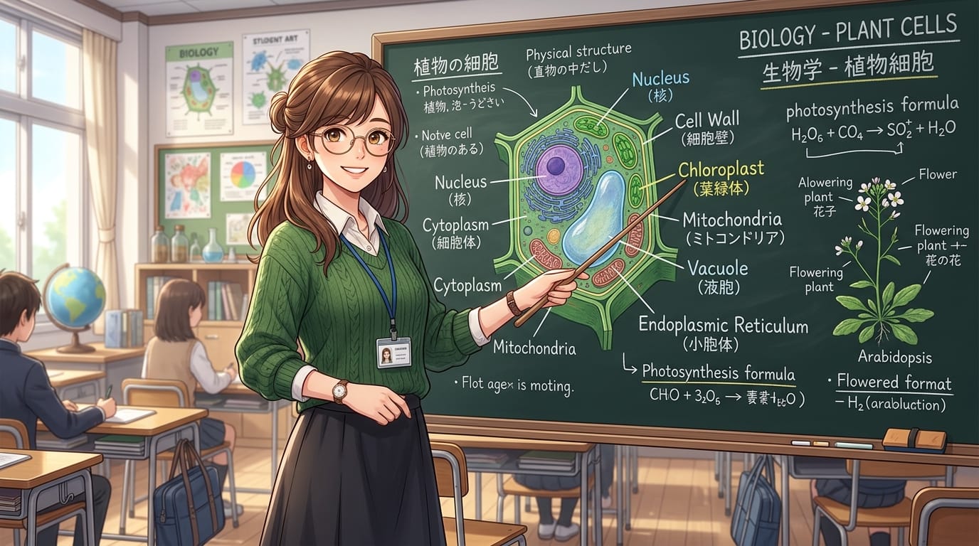 A friendly female anime teacher with glasses and a green sweater standing in front of a large chalkboard showing plant cell structures, holding a wooden pointer, bright classroom lighting, highly detailed, educational theme