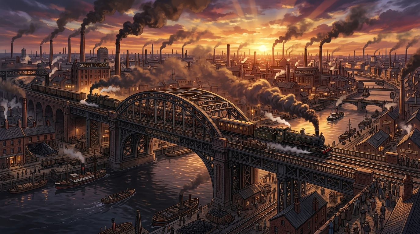 A panoramic anime illustration of the industrial revolution, steam trains crossing a massive steel bridge, factories in the background with smoke blending into a sunset sky, detailed mechanical structures, cinematic lighting, historical educational asset