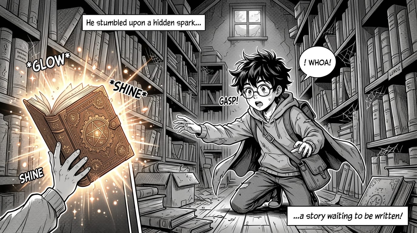 A manga style panel showing a young boy discovering a glowing magical book in a dusty library, expressive reaction, floating light particles, warm and imaginative atmosphere, clean line art, educational storytelling, high quality anime style