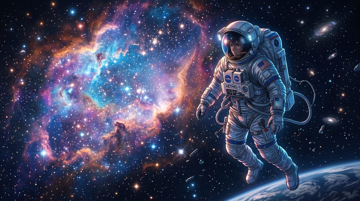 A realistic anime style depiction of an astronaut floating near a massive glowing nebula, detailed spacesuit reflecting starlight, deep space environment, educational science fiction illustration, high resolution, cinematic depth of field