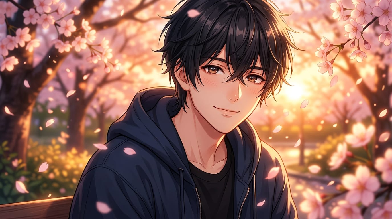 Close up of a handsome anime male character with black hair looking softly at the viewer, gentle smile, cherry blossom petals falling, soft sunset lighting, warm atmosphere, highly detailed eyes, romantic anime style, masterpiece