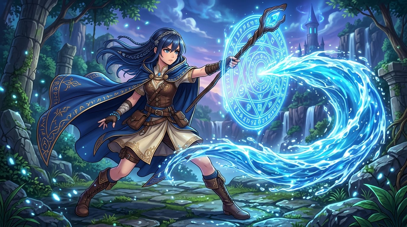 Full body shot of a young female anime mage wearing a blue cloak and holding a wooden staff, casting a water spell, glowing blue magic circle, dynamic pose, highly detailed, fantasy anime style, vibrant colors