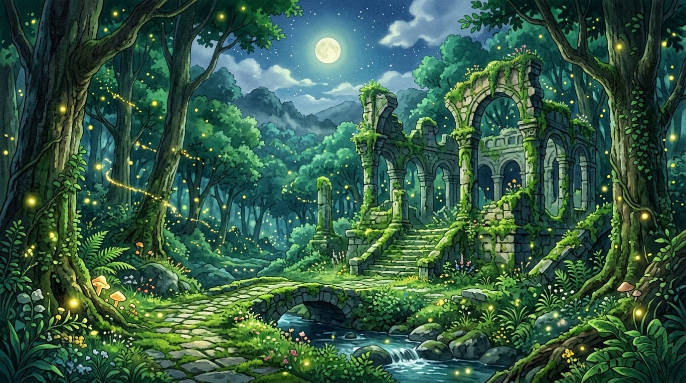 Beautiful anime landscape, lush green forest with glowing fireflies, ancient ruins covered in moss, soft moonlight, ethereal atmosphere, highly detailed background, studio ghibli style, masterpiece