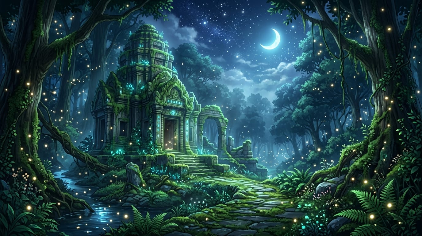 Beautiful anime landscape, lush green forest with glowing fireflies, ancient ruins covered in moss, soft moonlight, ethereal atmosphere, highly detailed background, cinematic lighting, masterpiece