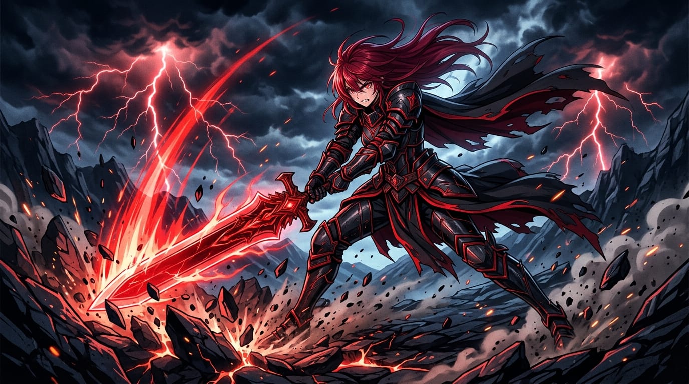 Epic anime illustration of a female warrior in black armor swinging a glowing red broadsword, dynamic action pose, shattering ground, dark stormy sky, red lightning, high contrast, vibrant colors, masterpiece, highly detailed