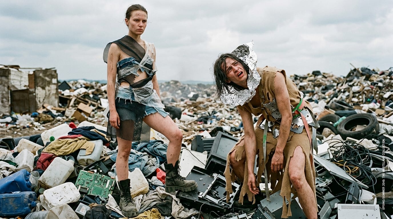 A satirical high-fashion editorial photograph, models in avant-garde torn clothing standing in a highly detailed dystopian landfill, extreme emotional contrast, highly detailed skin texture, raw unedited photography style, semi-NSFW aesthetic.